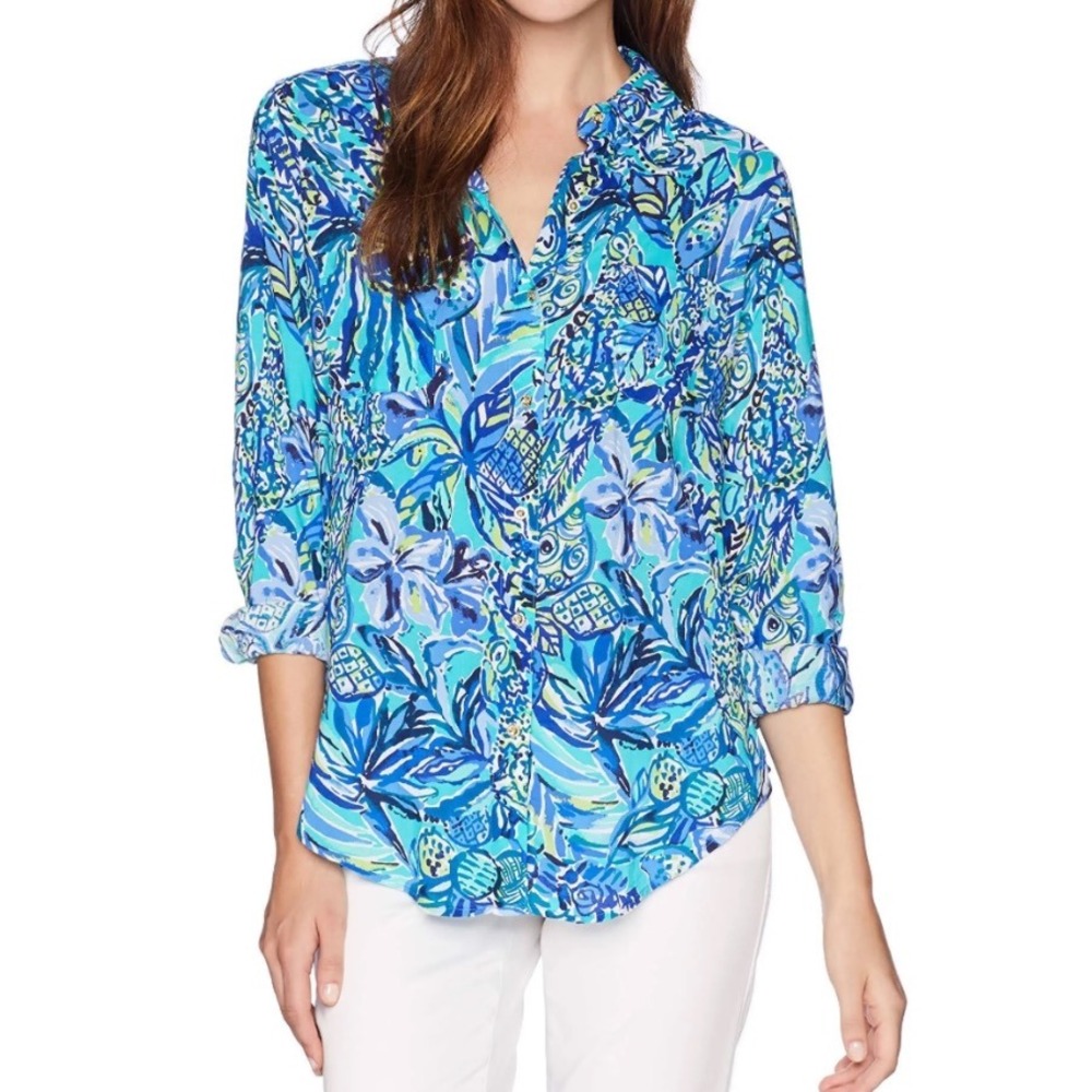 Lilly Pulitzer Sea View Rayon Button Down Womens M Bennet Blue‎ Sneak A Beak